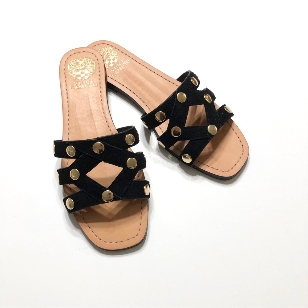 🆕 VINCE CAMUTO Black Suede Leather Slides • 8/8.5